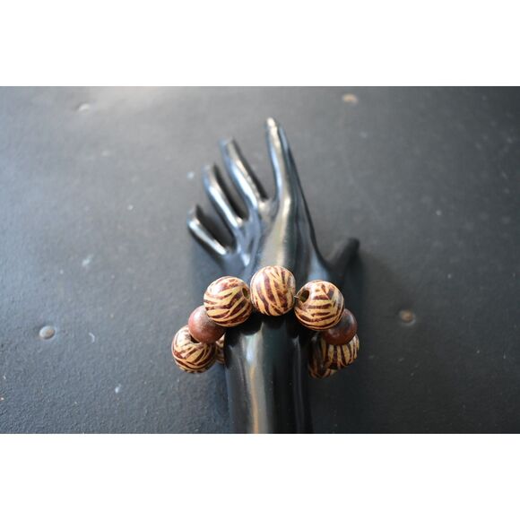 Artisan Hand-Painted Wood Bead Bracelet | Earthy Boho Chic (7") - Picture 3 of 8